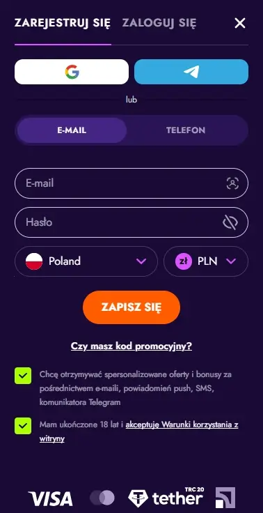 formularz rejestracyjny IrWin Casino